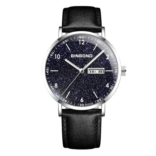 BINBOND B3820 30M Waterproof Ultra-thin Quartz Luminous Starry Watch, Color: Black Leather-White-Starry - Metal Strap Watches by BINBOND | Online Shopping UK | buy2fix