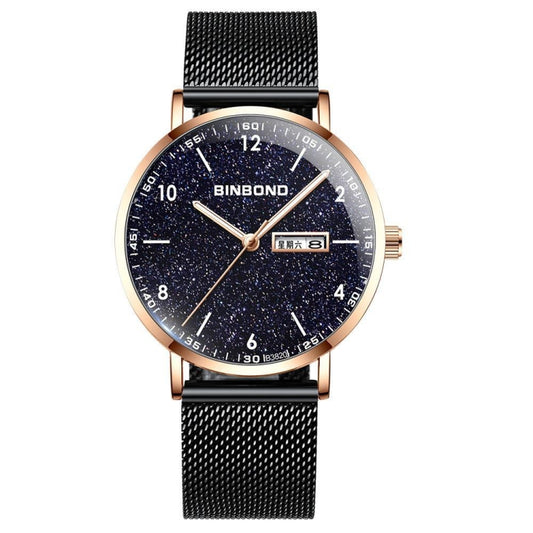 BINBOND B3820 30M Waterproof Ultra-thin Quartz Luminous Starry Watch, Color: Black Net-Rose Gold-Starry - Metal Strap Watches by BINBOND | Online Shopping UK | buy2fix