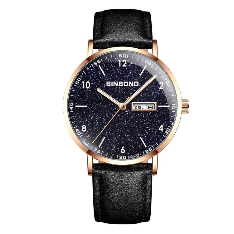 BINBOND B3820 30M Waterproof Ultra-thin Quartz Luminous Starry Watch, Color: Black Leather-Rose Gold-Starry - Metal Strap Watches by BINBOND | Online Shopping UK | buy2fix