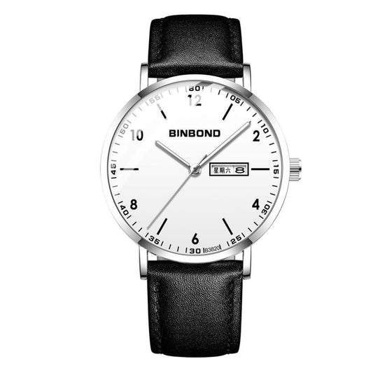 BINBOND B3820 30M Waterproof Ultra-thin Quartz Luminous Starry Watch, Color: Black Leather-White-White - Metal Strap Watches by BINBOND | Online Shopping UK | buy2fix