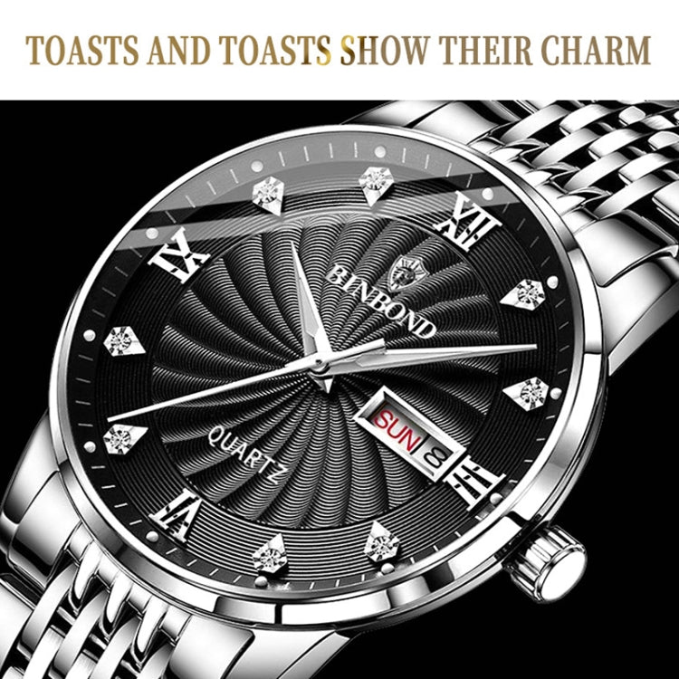 BINBOND B3034 Diamond 30m Waterproof Business Watch Men's Butterfly Buckle Luminous Quartz Watch(White Steel-Black) - Metal Strap Watches by BINBOND | Online Shopping UK | buy2fix