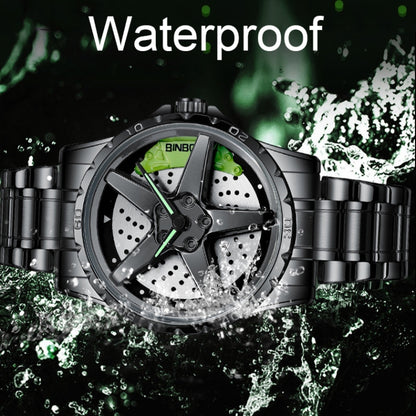 BINBOND D002 Car Hub Dial Multifunctional Waterproof and Wear-resistant Men's Watch(Black Steel-Green) - Metal Strap Watches by BINBOND | Online Shopping UK | buy2fix