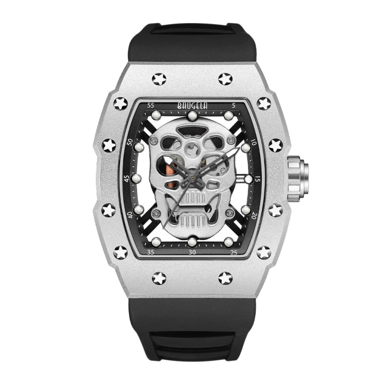 BAOGELA 224141 Hollow Skull Luminous Sports 304 Stainless Steel Silicone Men Watch(Steel Shell White Face Black Belt) - Silicone Strap Watches by BAOGELA | Online Shopping UK | buy2fix