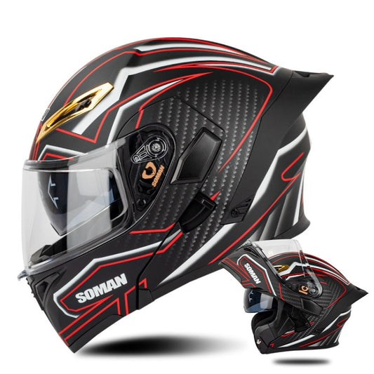 SOMAN Motorcycle Dual Lens Riding Peel-Off Full Coverage Helmet, Size: M(Matt Black Red) - Helmets by SOMAN | Online Shopping UK | buy2fix