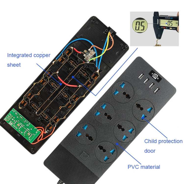 TB-T12 3000W 2m 4-USB Ports + 6-Jacks Multifunctional Flame-Retardant Socket With Switch(UK Plug) - Extension Socket by buy2fix | Online Shopping UK | buy2fix