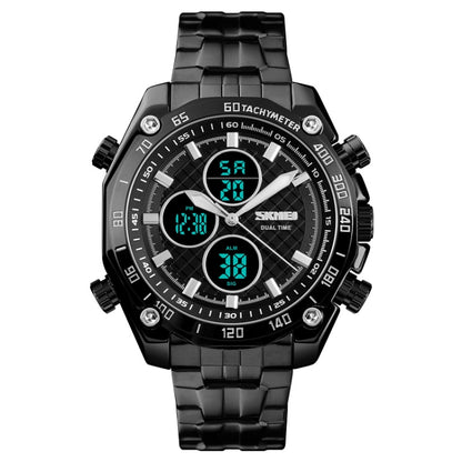 SKMEI 1302 Fashion Men Leisure Wrist Watch Multifunctional Dual-time Sports Digital Watch with Stainless Steel Watchband 30m Waterproof (Black) - Metal Strap Watches by SKMEI | Online Shopping UK | buy2fix