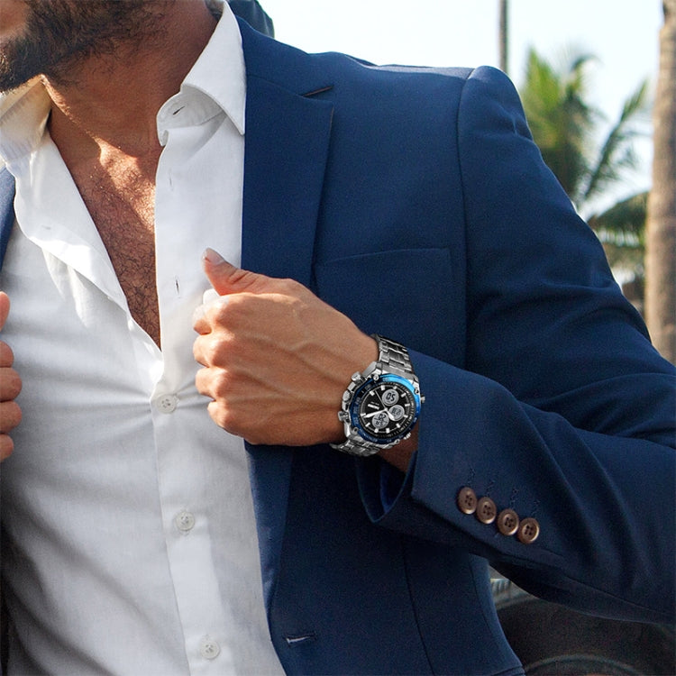 SKMEI 1302 Fashion Men Leisure Wrist Watch Multifunctional Dual-time Sports Digital Watch with Stainless Steel Watchband 30m Waterproof (Black) - Metal Strap Watches by SKMEI | Online Shopping UK | buy2fix